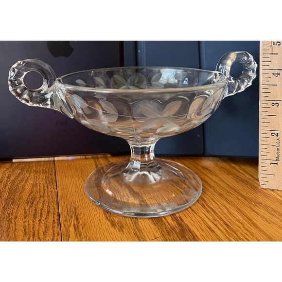 Double Handled Etched Pressed Glass Compote Candy Dish - Picture 2 of 9